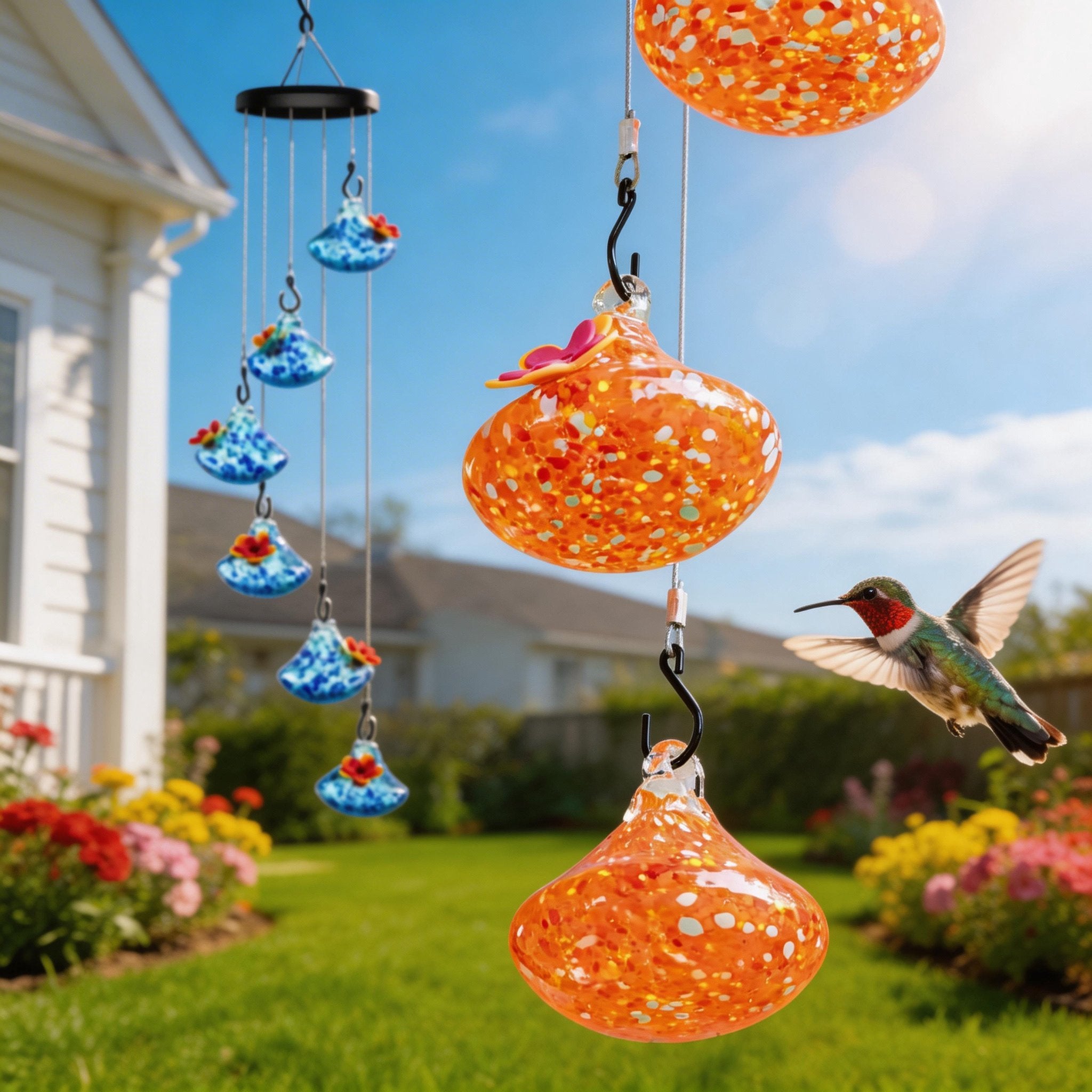 🌸✨ Hummingbird Feeder with Wind Chimes – Premium Glass Garden Decor