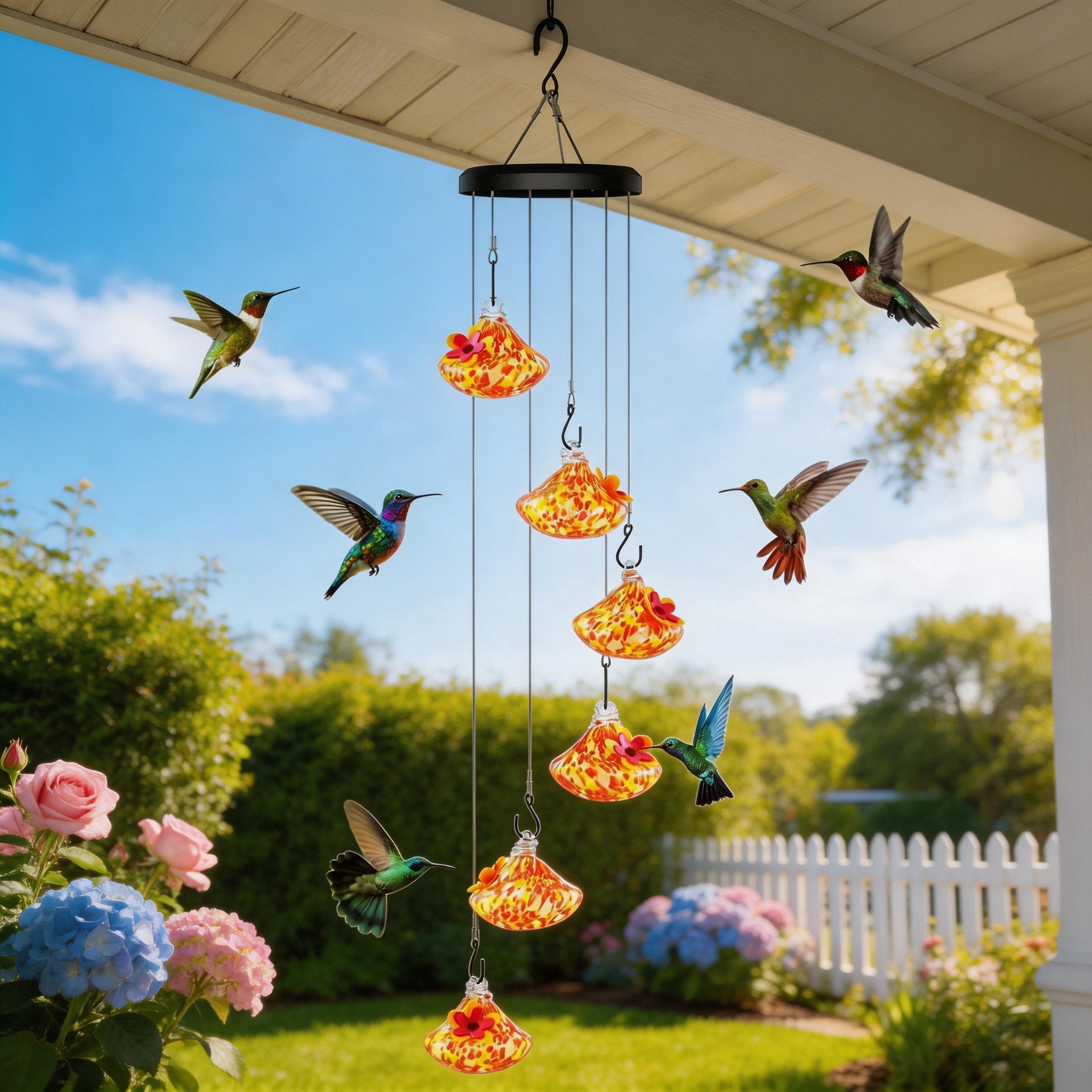 🌸✨ Hummingbird Feeder with Wind Chimes – Premium Glass Garden Decor