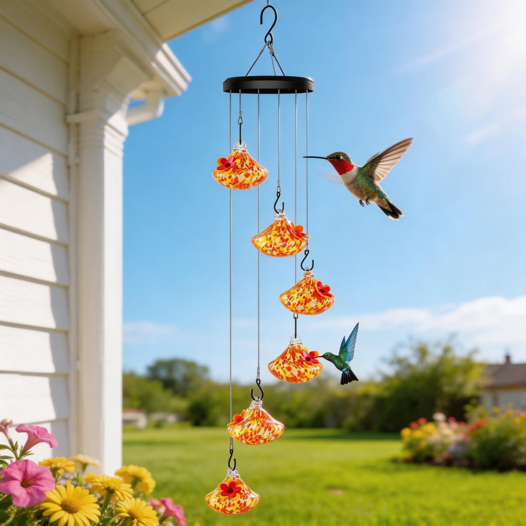 🌸✨ Hummingbird Feeder with Wind Chimes – Premium Glass Garden Decor