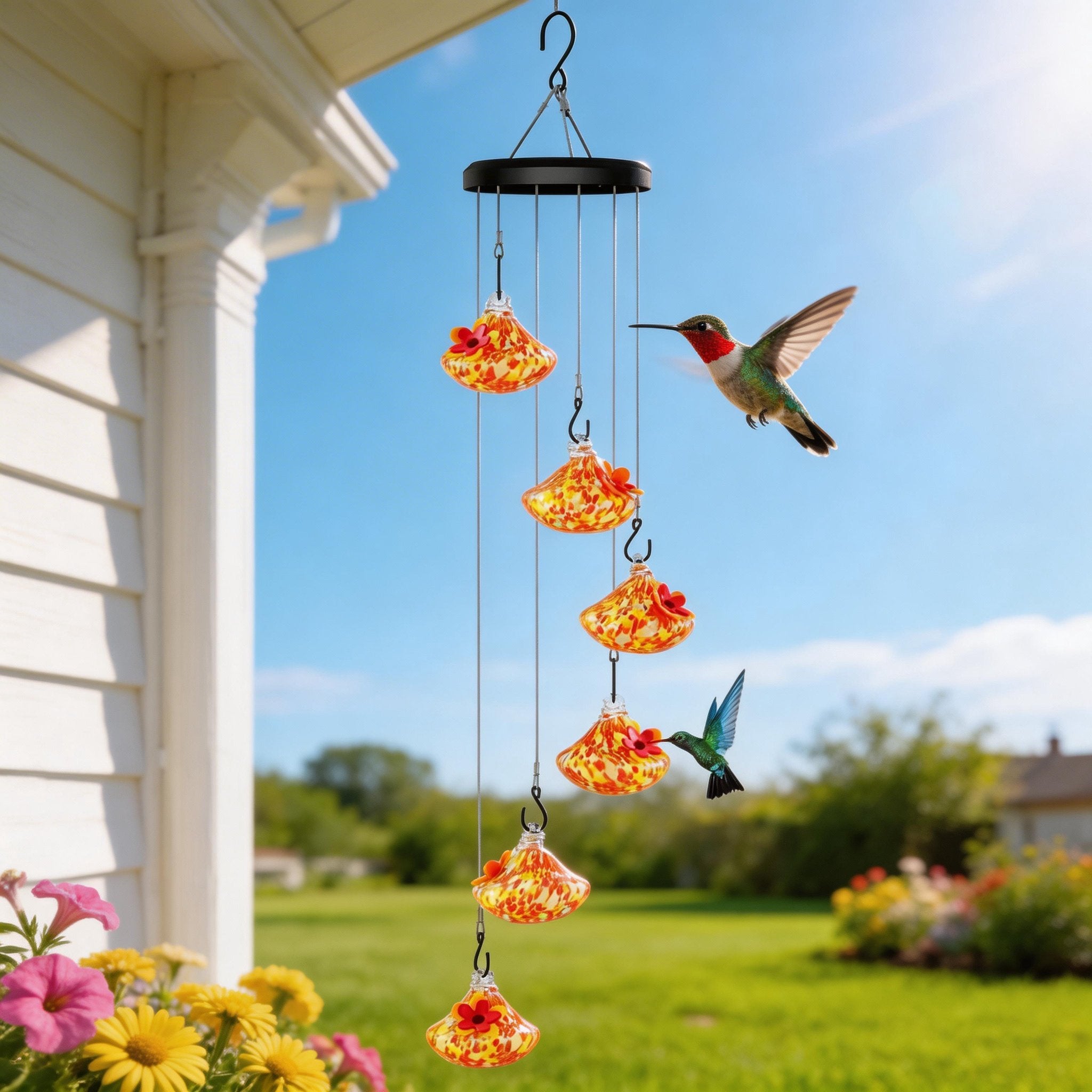 🌸✨ Hummingbird Feeder with Wind Chimes – Premium Glass Garden Decor